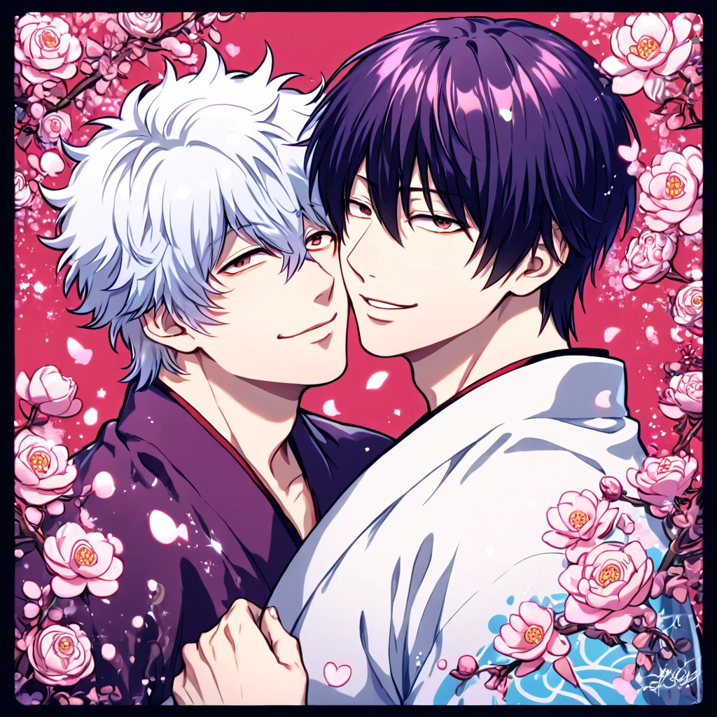 absurdres, highres, ultra detailed, HDR, master piece, best quality, extremely detailed, Takasugi Shinsuke, dark purple hair, hair over the left eye, expressive brown eyes, Gintama, Sakata Gintoki, white hair, expressive red eyes, two sexy men together, yaoi, gay couple, handsome, handsome smile, white kimono, dark purple kimono with patterns, fantasy, shining, pink flowers, pink blossoms, pink butterflies, pink petals, magical