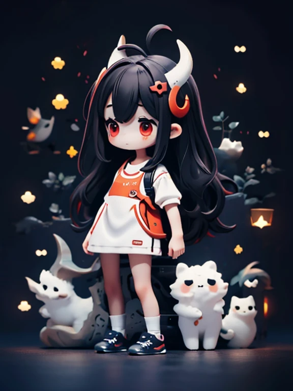 Young Girl,,Wearing a one-piece dress,Mini character,Red eyes,Black Hair,Long Hair,Dark atmosphere,Deformed character,Horns growing,Ahoge,
