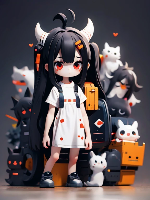 Young Girl,,Wearing a one-piece dress,Mini character,Red eyes,Black Hair,Long Hair,Dark atmosphere,Deformed character,Horns growing,Ahoge,