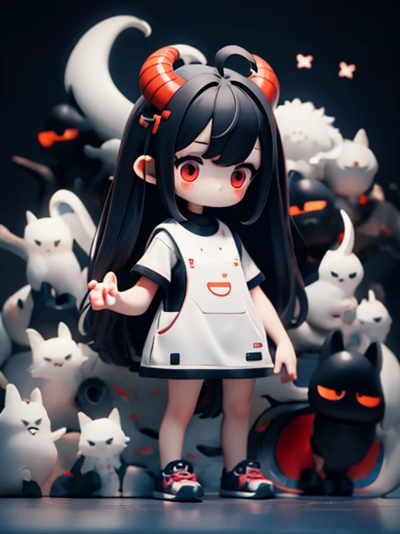Young Girl,,Wearing a one-piece dress,Mini character,Red eyes,Black Hair,Long Hair,Dark atmosphere,Deformed character,Horns growing,Ahoge,