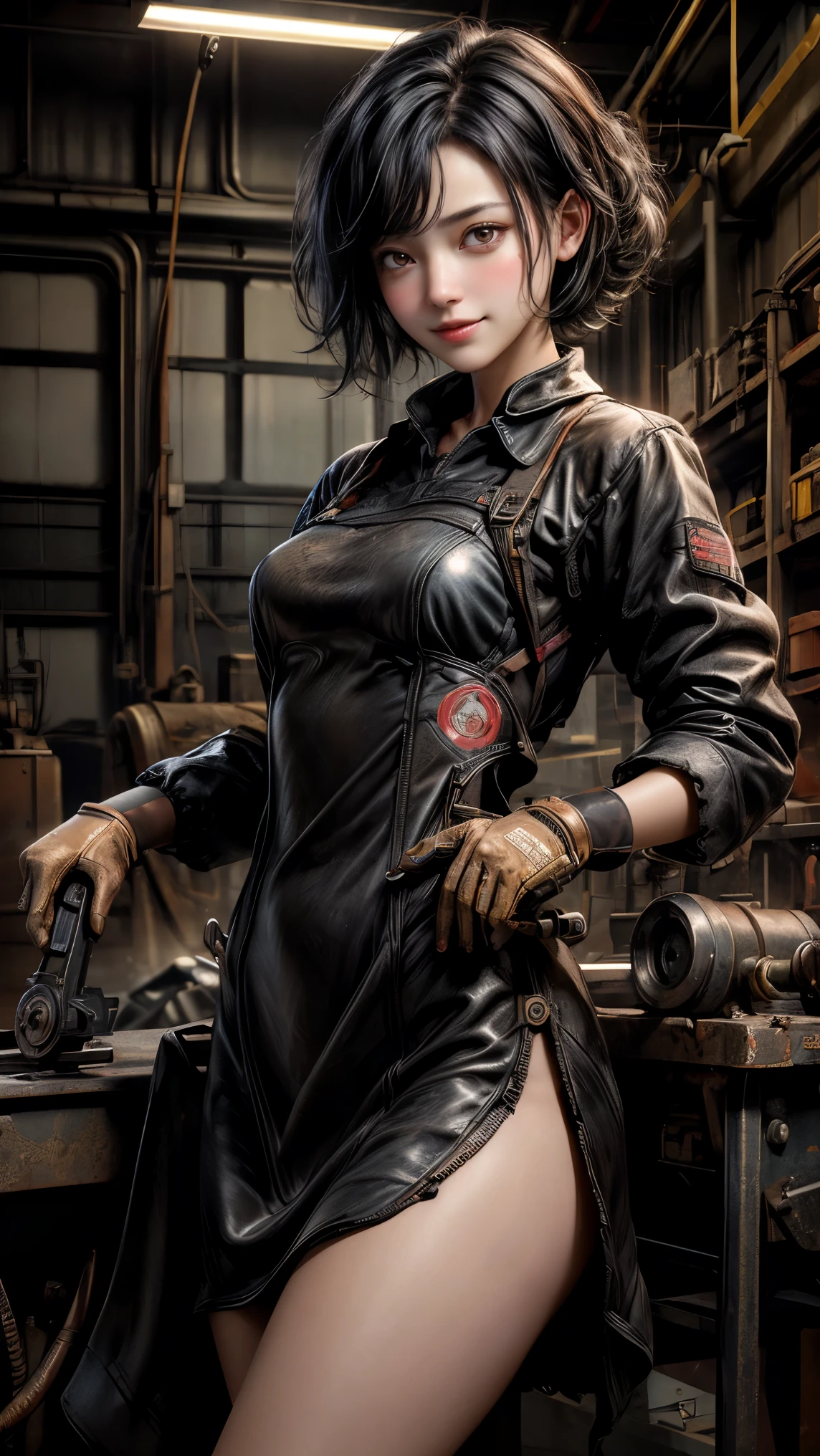 Ridiculous resolution, high resolution, (masterpiece: 1.4), Ultra Detail, Young woman with messy short black hair, Welder Dress Up, Answering the phone (1.2), Happy expression, Factory high-tech workbench, Tech-sensitive screen