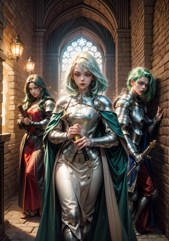 ((2 men: 2), (1 woman :2), (Medieval world: 2):1.5). ((redhead woman, blue eyes, White shirt, blue skirt, sword in hand. Homem moreno de blue eyes escuro, villager outfit and holds glowing white sphere. green hair man, jumpsuit and holds bright blue sphere. Red eyes with fluctuating energies, medieval city): 2). (fantasy style: 2). extremely detaild, 8k, HdR, natural light, cinematic lighting, masterpiece-anatomy-perfect, ultra HD, raw photo, professional, ultra-fine painting, perfect body proportions, Anatomically correct, UHD, real texture material, anti-aliasing, FKA, THAI, SSAO, Post processing, Post Production, Tone Mapping, cgi, VFX, SFX, Hyper maximalist, volumetric, ultra photorealultra-detailed intricate details.alultra-detailed intricate details.