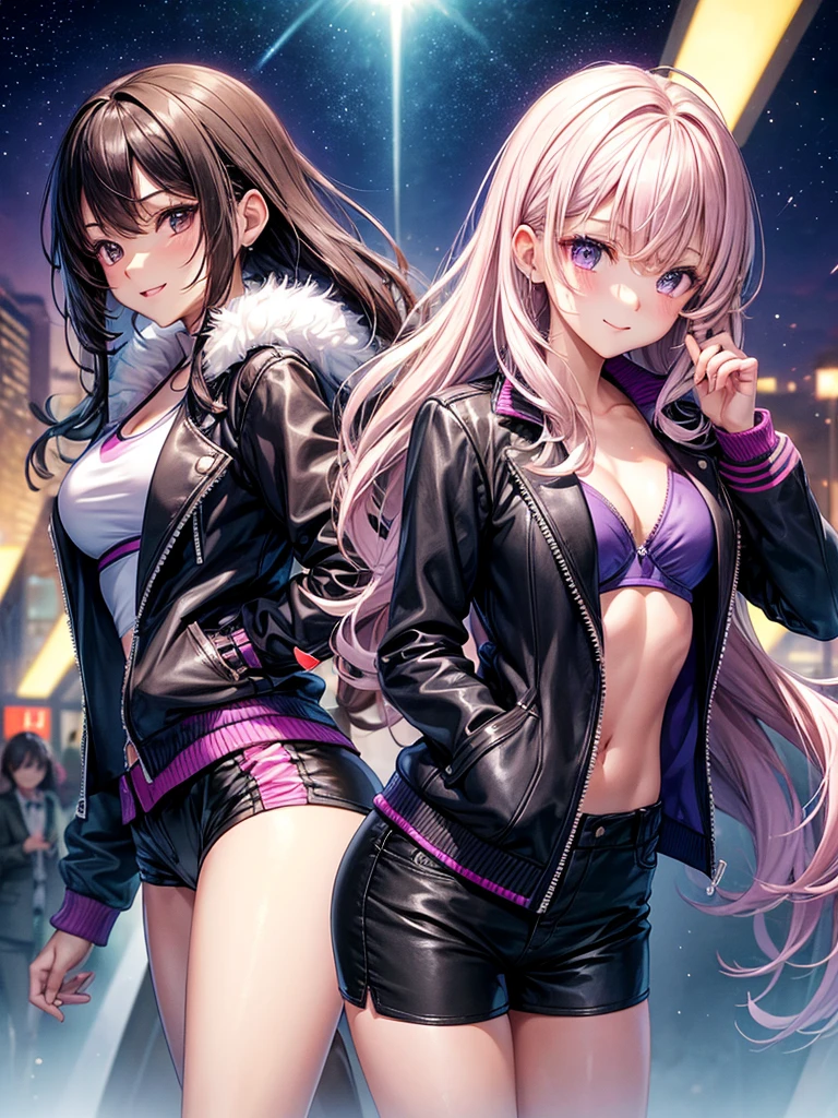 best quality，，smile，blazer，swimsuit，School，Collective of girls，Track jacket，Physical education class，JK，Sexy and cute，future，Wearing a fastener bra，zipper bra，Long Hair，She has her bangs down，Purple Eyes，evolution系ファッション，Cuteness at its finest，Sparkling，Leather shorts，beautiful，middle School girlultiple girls are depicted,harem，idol group，infinite possibilities，leather jacket，fur jacket，Hair tucked behind ear，futureの服装，evolution，starry sky background，photo shoot，long hair，wearing a cardigan，beautiful girlの国，girl&#39;s paradise，highest quality，big breasts，leather jacket，happy girl,horny girl，Blue eyes，perfect face，standing position，She has her bangs down，fur jacket,Beautiful eyes，smooth hair，perfect eyes，beautiful girl，Angel Girl，multicolored hair colors，naughty girl，beautiful，High-dimensional beautiful girl，Multidimensional beautiful girl，gathering，Group、，