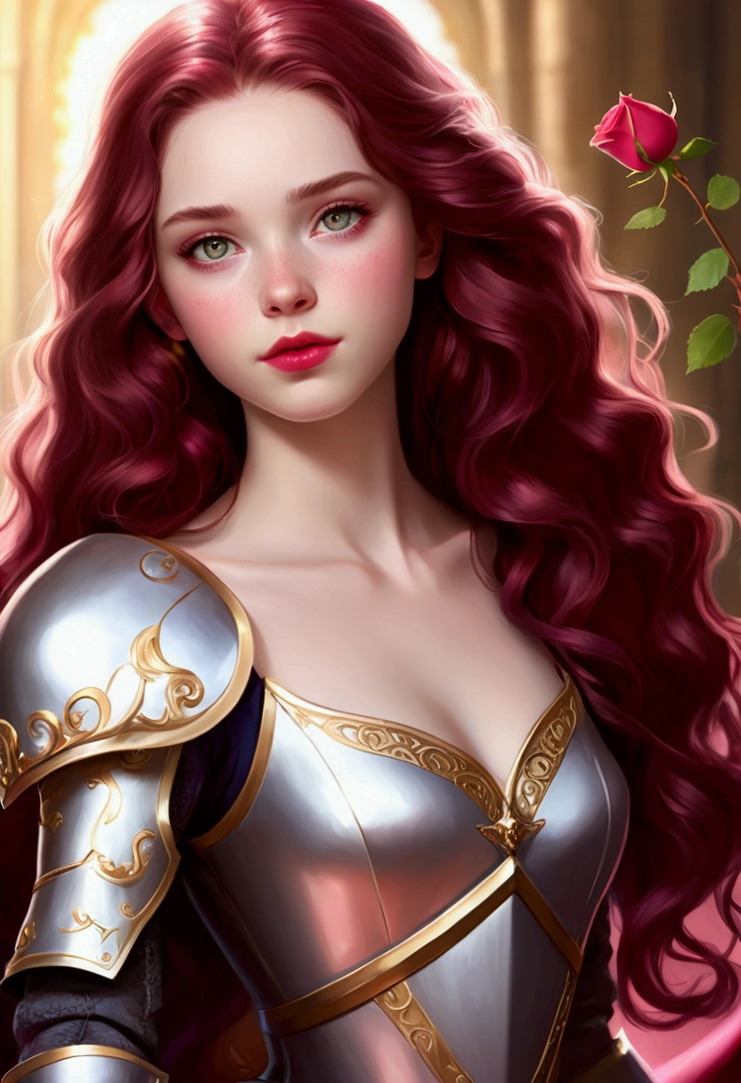 An 18 years old European girl with pale skin and long, wavy burgundy hair. large and pink colored eyes, with full blood red lips, with an adorable, and innocent face. She should have a happy expression, wearing a pink, gold, and rose gold colored princess knight themed armor, with an elegant and regal theme, something that emphasizes her sweet and compassionate personality. Overall, her appearance would be striking, attracting curious looks. small chested, slender, petit, she should have a red scar over her heart, cinematic lighting, chromatic aberration, backlighting, masterpiece, high details, high quality, 4K.