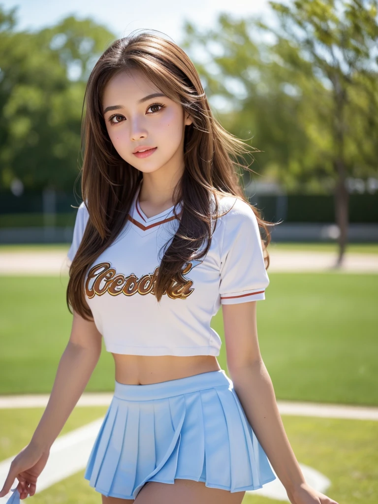 masterpiece, Highest quality, Very detailed, High resolution, (Realistic, photoRealistic:1.37), Excellent anatomy, One beautiful woman, Cheerleader, A small smile, cheer leading, Cheerleader uniform, (shape), Micro Pleated Mini Skirt, ((Very delicate and beautiful)), (Bokeh, Blurry outdoor background), Brown Hair, Long Hair, Very beautiful face, Cute type, Big Natural Color Lip, Big and pretty eyes, Brown eyes, Obvious double, Small and cute nose, Brown eyes, Shiny highlight spots around the eyes, Character Focus, Tilt your head, The best light, Best Shadow, mysterious, Perfect Face, Very detailed, Soft Skin, (Glowing Skin, Sweaty: 1.2)&#39;Beautiful legs, Voluptuous thighs, Plump body, Huge breasts, (Expresses the roundness and softness of the chest area........1), Beautiful body, (A perfect feminine figure), 