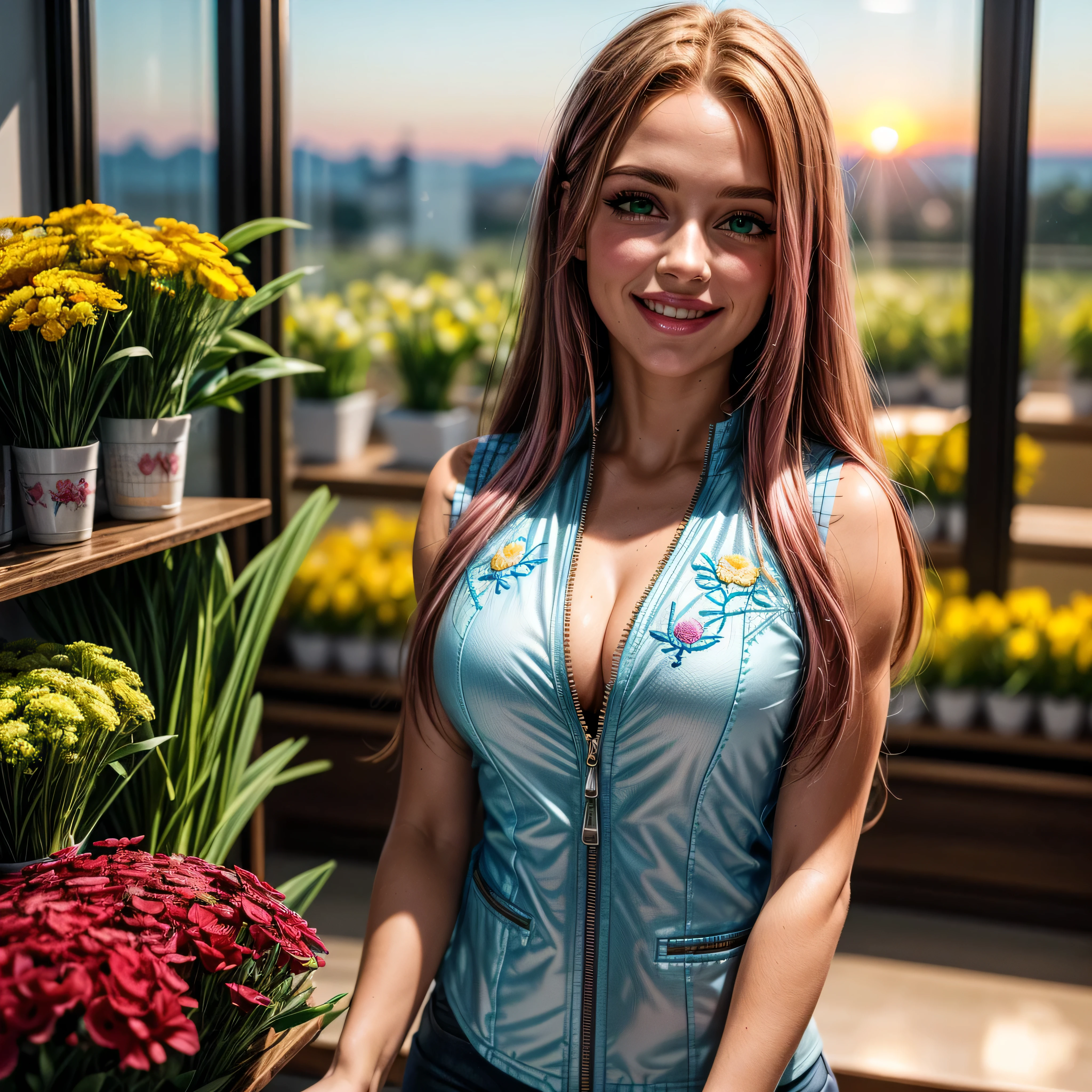 (masterpiece, photorealistic:1.4, extremely intricate:1.3), (photon mapping, radiosity, physically based rendering, ultra resolution, hyper-realistic, photorealistic:1.4, hyper-realistic, 8K), ((solo 1girl, ((closeup breasts, [medium breasts:large breasts:0.3], closeup portrait, (dimples, 18years, light blue embroidery vest, unzipped unbuttoned)), long straight [bright ginger hair:pink hair:0.6]), [makeup:natural:0.6], long eyelashes, thick lashes), green eyes), smile, laugh, BREAK, (she is at the front dest in a flower shop, indoor, flowers, ((sunrise)) glass front window)