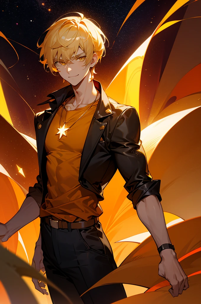 1boy,mature male,yellow hair,spiky hair,yellow eyes,pointy ears,serious,no shirt,black shorts,black scarf,(((standing on a road in city at night,night sky))),cowboy shot,((yellow sparks across the body, yellow rays across the body, electric body))