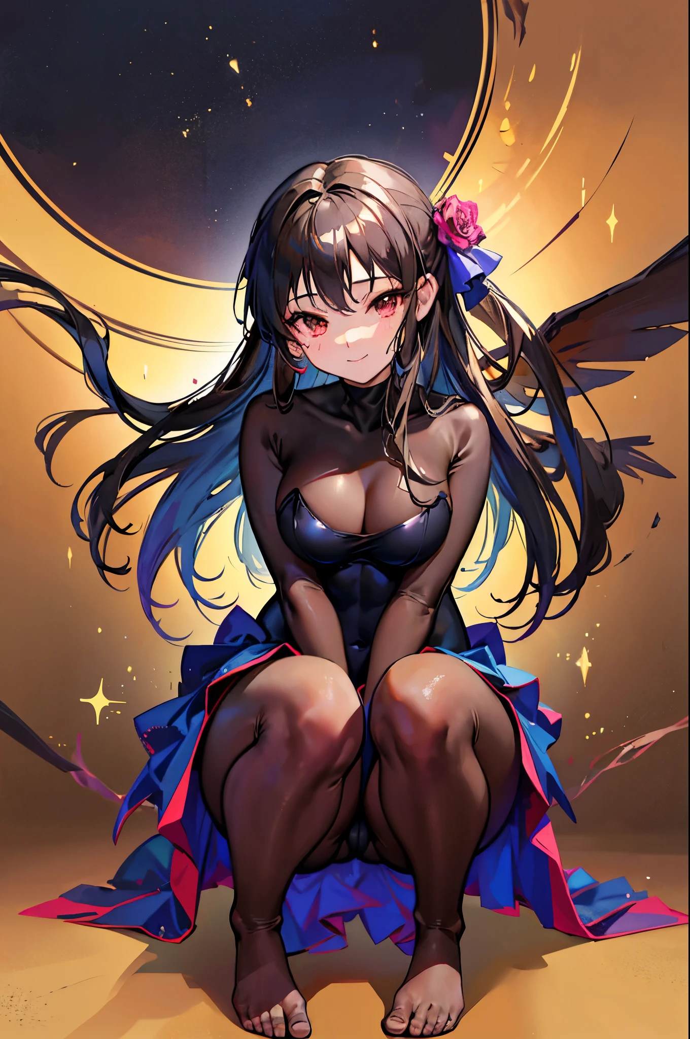 Highest quality Highest quality Draw a face carefully High-definition anime-style face Super Glowing Skin Long black hair Brown leotard Golden pantyhose Succubus lure smile squat Show the soles of your feet Close up of the soles of the feet