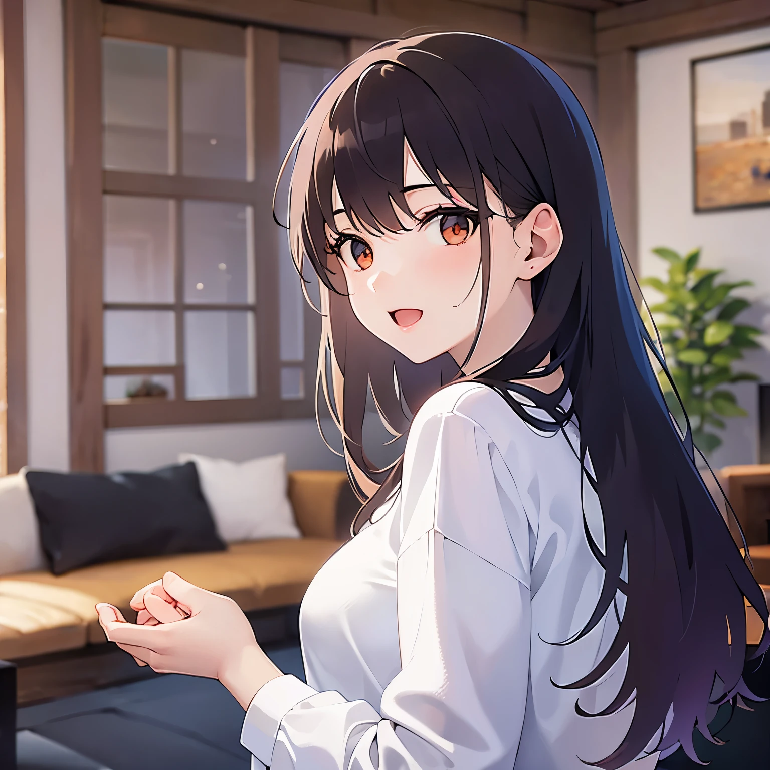 （looking at viewer:1.5）,Upper Body,
 Realistic, real person, (pale skin: 1.2), RAW photo, photorealistic, shiny skin, shiny hair、
(A 25-year-old woman with medium-length hair and bangs) and (wavy hair) and (brown hair) and (orange eyes) 、
smile,open mouth, White long sleeve shirt、(The background is the living room at night:1.5)、illumination