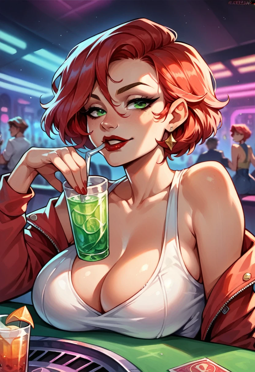 masterpiece, beautiful adult woman, ((caucasian skin)), red hair, short hair, pervert face, ((club)), red lipstick, green eyes, busty, biker style, drink, balcony, portrait, nsfw