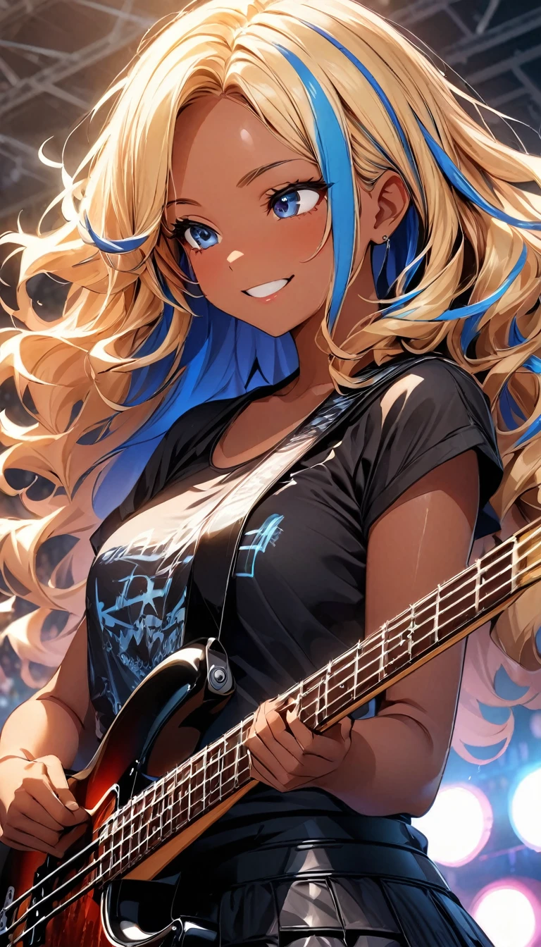 (highest quality:1.2, Very detailed, up to date, Vibrant, Ultra-high resolution, High Contrast, masterpiece:1.2, highest quality, Best aesthetics), Portraiture、girl、slim, stage、performance、Rock Music、Bright colors、Beautiful fine details、Beautiful lip detail、extra short hair, ((wavy hair:1.3))、messy hair, blonde and blue ((streaked hair:1.5)), highlights hair: 1.3, medium breast, (tan skin:1.3), Music band、Cheerful pose、Concert Light、Edgy Style、black tank top、Dynamic Movement、hypnotic sounds、Stadium、amplifier、Loud music、Electric bass、((playing bass:1.3)), Fender bass, Passionate performance、Concert atmosphere、Music Festival、Full of emotion、Rock star attitude、Resolute expression、Avid Fan、Expressive gestures、 look far away, smile, (upper body),