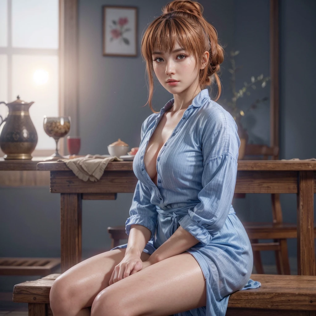 Kasumi, brown eyes, (best quality, ultra detail), (realistic:1.37), beautiful and detailed face, ultra-realistic texture, Delicate face, delicate body, red lipstick, bright colors. high definition, 8K. very serious expression and penetrating gauze