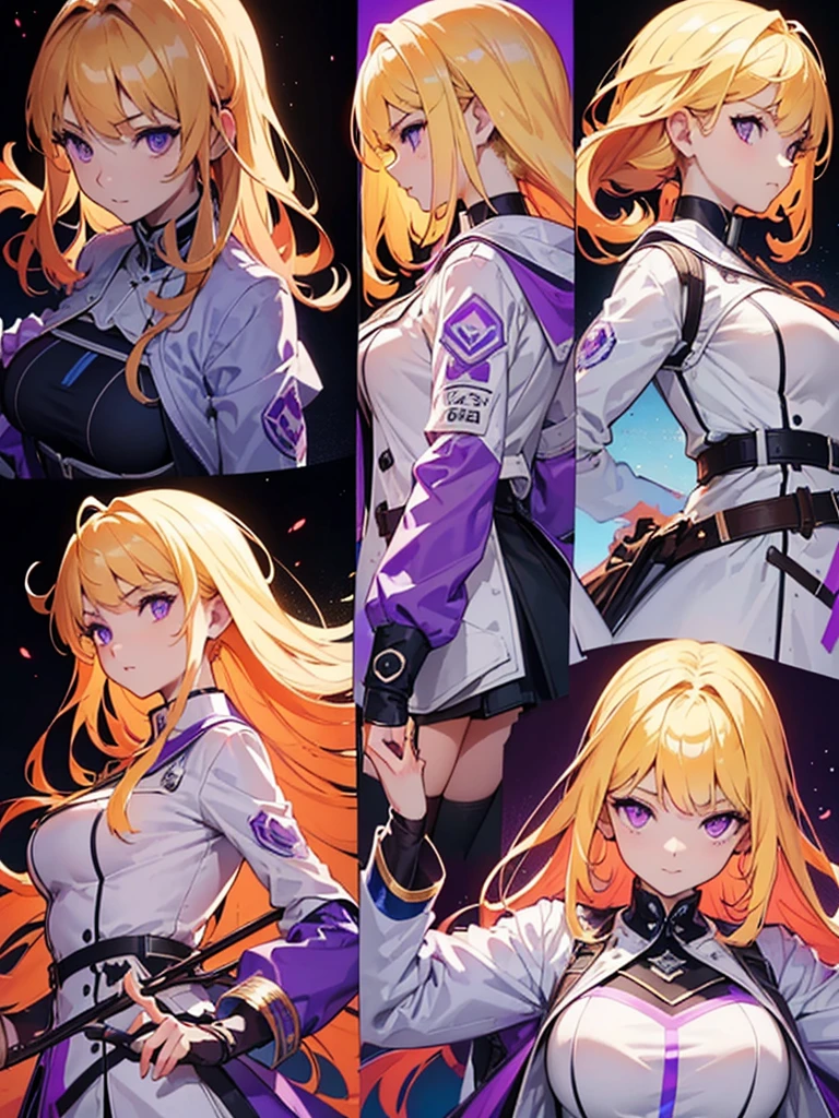 ,Highest quality,((Highest quality)),((Tabletop)),((Perfect Face)),1 girl.White and purple dress,White jacket,With a cane,armsを持っている,The flames flicker,Blonde,Purple eyes,smile,beauty,((Holographic)),(masterpiece:1.2, Highest quality),(Colored Background) (Beautiful attention to detail: 1.2), (Highly detailed CG Unity 8K wallpapers, masterpiece, Highest quality, Very detailed, Best Shadow), (Detailed Background), White jacket,arms(woman,Carrying a walking stick),alone ,Blonde,Purple eyes,One girl, sketch (Character design sheet, same characters, whole body, Three-View, front, ~ ~ side, return), alone,