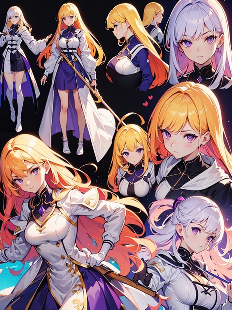 ,Highest quality,((Highest quality)),((Tabletop)),((Perfect Face)),1 girl.White and purple dress,White jacket,With a cane,armsを持っている,The flames flicker,Blonde,Purple eyes,smile,beauty,((Holographic)),(masterpiece:1.2, Highest quality),(Colored Background) (Beautiful attention to detail: 1.2), (Highly detailed CG Unity 8K wallpapers, masterpiece, Highest quality, Very detailed, Best Shadow), (Detailed Background), White jacket,arms(woman,Carrying a walking stick),alone ,Blonde,Purple eyes,One girl, sketch (Character design sheet, same characters, whole body, Three-View, front, ~ ~ side, return), alone,