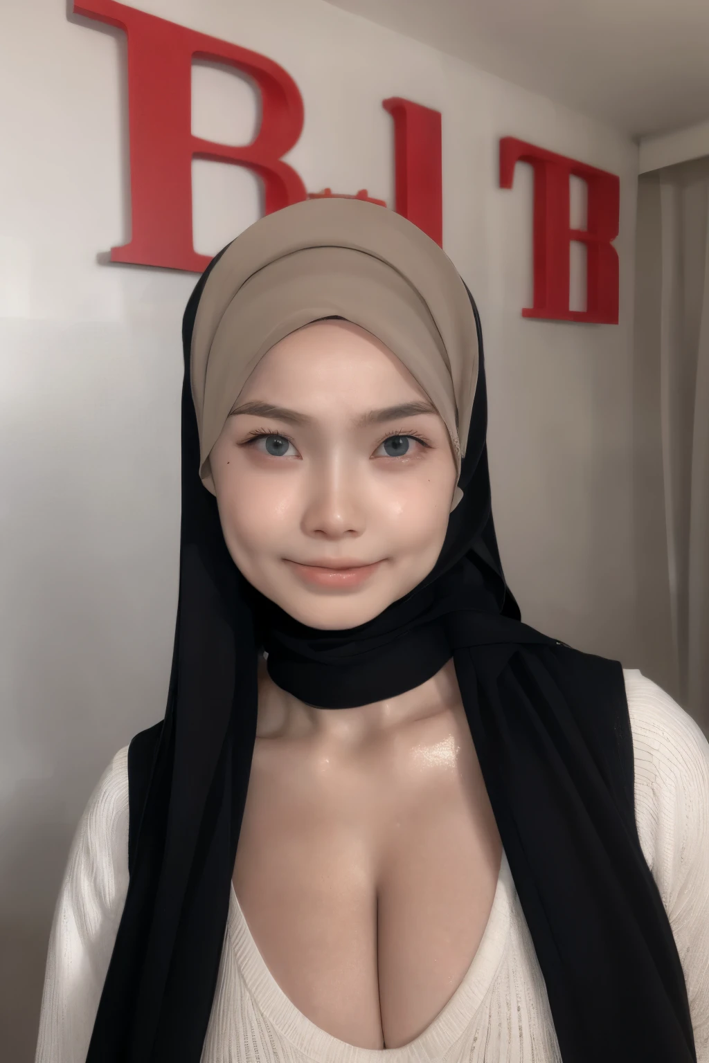 VIEW FROM SEDUCTIVE POSE, ((((HALF BODY PORTRAIT)))), Naked, (((VERY SHINY SKIN))), Very cute like a baby face, ((Stylish Hijab)), adorable, 1 girl, , baby face, shy, half body portrait,smile, (face details: 1), (eye details: 1), ((round large breasts, cleavage)). Cute posed. proportional body. Ultra High Res. (realistic: 1.9), UHD, ((SHINY SKIN :1.4)), ((SAD FACE EXPRESSION :1.5))