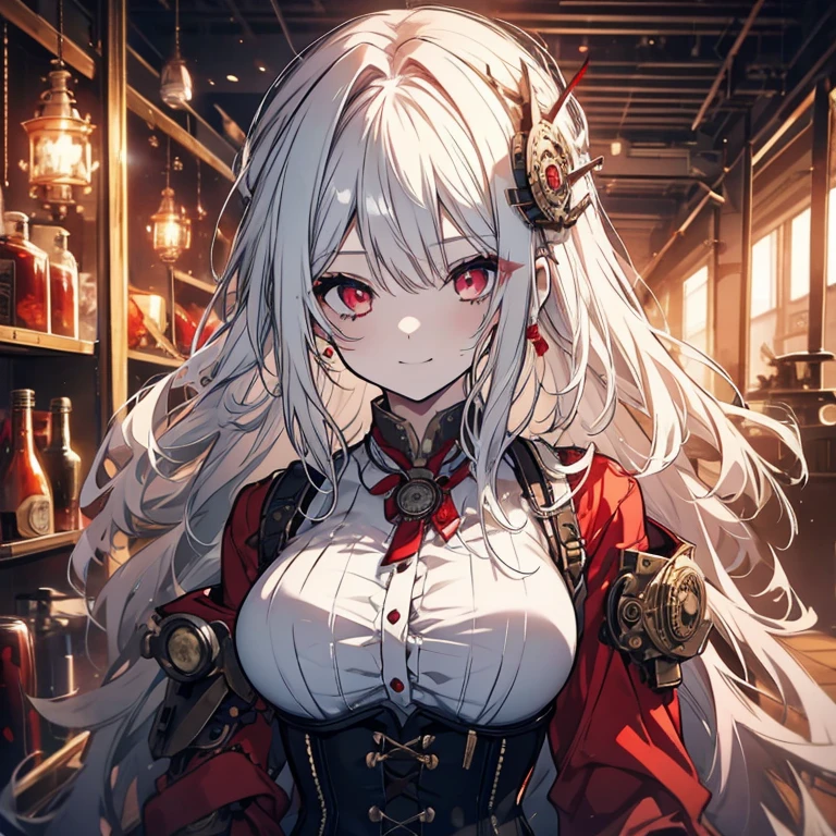 1 girl、Mature、Ample breasts、Long Hair、White Hair、Long Hair、Red Eyes、steampunk outfit、dress、黒いdress、Shoulder Bare、Crazy Smile Corset、basement、Steampunk city、Broken glass、explosion、fire、Sparks fly、Chemical plant、mad scientist、cyborg、Prosthetic arm、Eye patch、Blood splatter、High resolution、Highest quality
