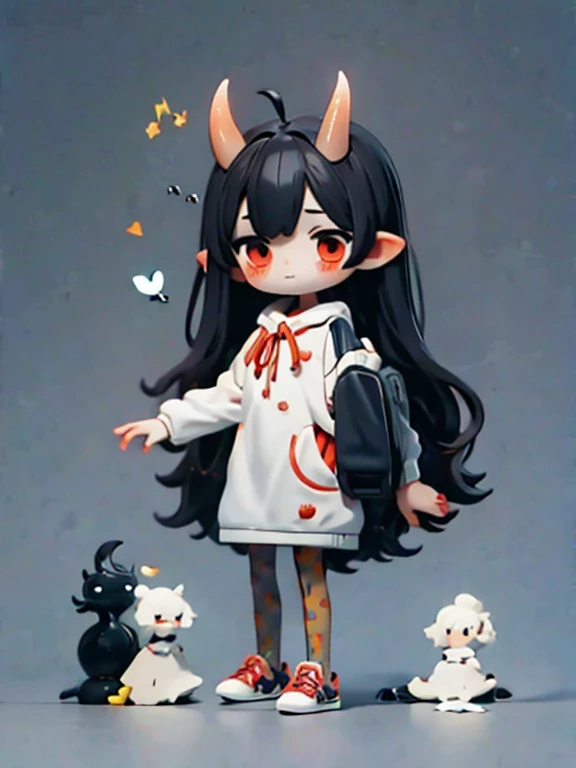Young Girl,,Wearing a one-piece dress,Mini character,Red eyes,Black Hair,Long Hair,Dark atmosphere,Deformed character,Horns growing,Ahoge,