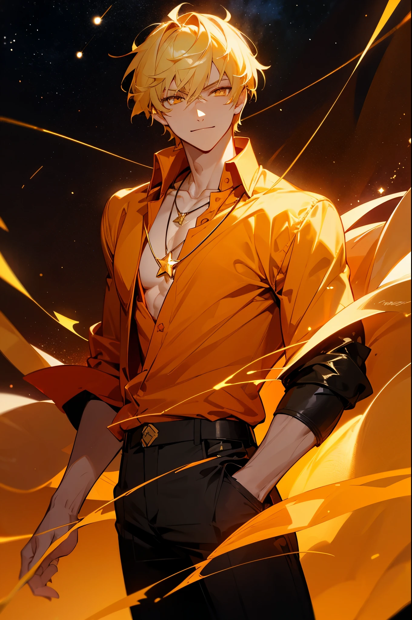 1boy,mature male,yellow hair,short hair,spiky hair,yellow eyes,pointy ears,serious,no shirt,black shorts,black scarf,((standing on a road at night,night sky)),cowboy shot,(yellow sparks across the body, yellow rays across the body, electrified body)