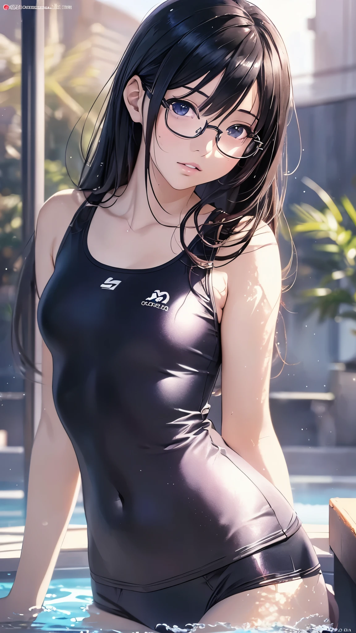 (highest quality,4K,8K,High resolution,table top:1.2), super detailed, (realistic,photorealistic,photo-realistic:1.37),((full body)), Unfortunate,Glasses,((black hair)), ((long hair)),((swimming wear)),beautiful and fine eyes, beautiful detailed lips, highly detailed eyes and face, long eyelashes, realistic anime 3D style, Smooth anime CG art, Digital rendering by Makoto Shinkai, Moe anime art style, photorealistic rendering of an anime girl, Shinkai Makoto style, Cute anime girl visuals, realistic young anime girl, girl fan art, Created by Anime Artist'studio of.