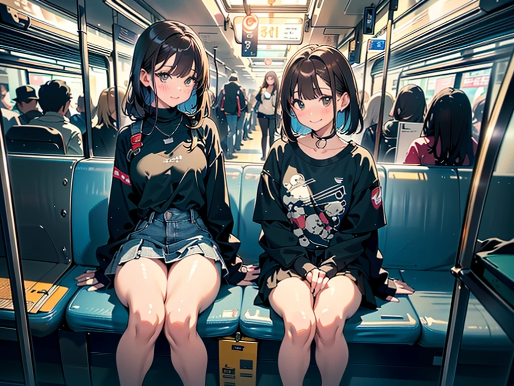 (8k, RAW Photos, 最high quality, masterpiece:1.2), high qualityのRAWカラー写真, Professional photo shoot, Cinematic Light, alone, (((young woman, Gal))), (Sharp features), (Small face), (Skin with attention to detail:1.2), clavicle, Cute Face, Beautiful appearance, Long eyelashes,Girl Turning Around, smile, (Brown Hair, Long straight line), Jersey, Grey denim mini skirt, sneakers, Backpack, Night Park, Confident attitude, Capture the happy moment, Artistic painting,Attractive thighs, (Very nice touch:1.2),はにかんだsmile), Peaceful atmosphere, Oil painting style, Bright colors, (Inside a crowded train, Full body portrait), Smooth texture, Gazing Eyes, Beautiful Skin, Glowing Skin, ((Perfect Fingers, Five Fingers, Anatomically correct)), Background Blur, high quality, Surreal, ((Very detailed, photo shoot)),Many people々、blush、Plump、((Blowjob))、Lick、Front view、squat、((sit in a seat on the train))、Touch your smartphone、View smartphone、Look down、Inner thighs