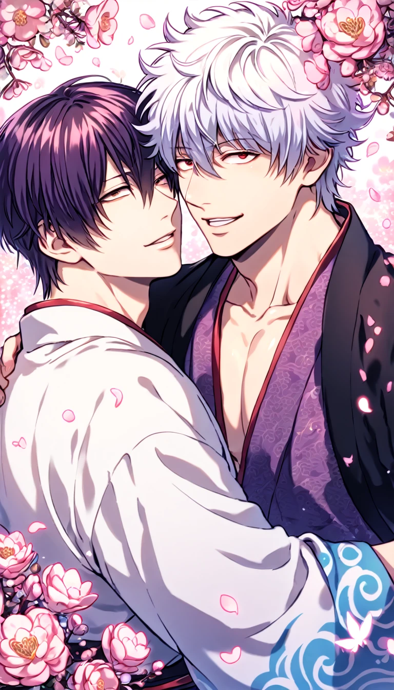 absurdres, highres, ultra detailed, HDR, master piece, best quality, extremely detailed, Takasugi Shinsuke, dark purple hair, hair over the left eye, expressive brown eyes, Gintama, Sakata Gintoki, white hair, expressive red eyes, two sexy men together, yaoi, gay couple, handsome, handsome smile, white kimono, dark purple kimono with patterns, fantasy, shining, pink flowers, pink blossoms, pink butterflies, pink petals, magical