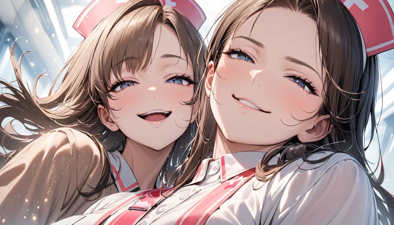 From below, Portraiture, Kind and beautiful nurse, Cool face, A shy smile, Superb proportions, She is wearing a loose cardigan over her nurse uniform., Glitter effect, fog effect、(smug face:1.0)、