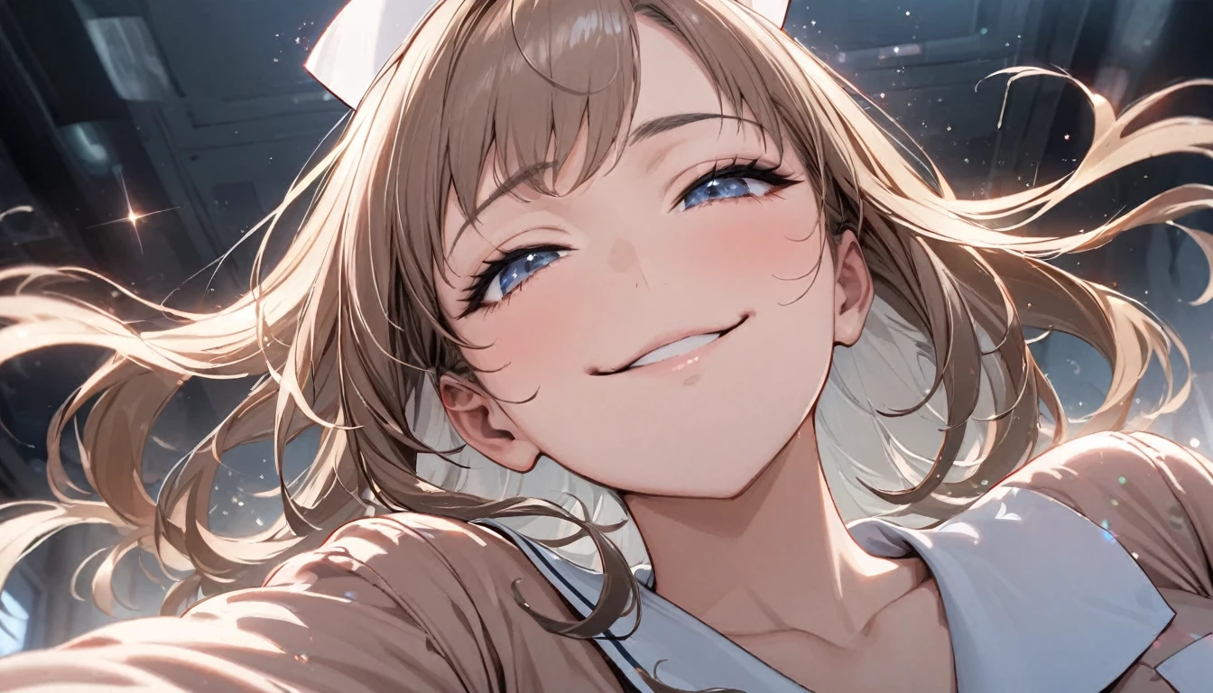 From below, Portraiture, Kind and beautiful nurse, Cool face, A shy smile, Superb proportions, She is wearing a loose cardigan over her nurse uniform., Glitter effect, fog effect、(smug face:1.0)、