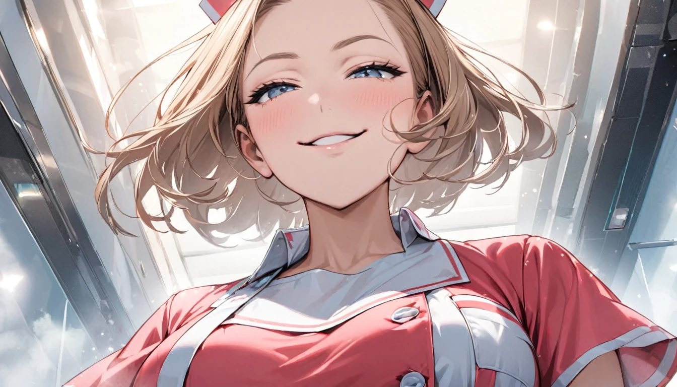 From below, Portraiture, Kind and beautiful nurse, Cool face, A shy smile, Superb proportions, She is wearing a loose cardigan over her nurse uniform., Glitter effect, fog effect、(smug face:1.0)、