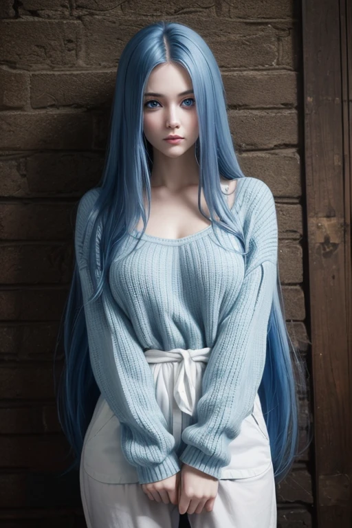 (masterpiece), best quality, expressive eyes, perfect face,
long blue hair that falls to the waist, always slightly disheveled. Your eyes are a deep, melancholy blue She is pale, with an expression that is always introspective and distant. Dress in loose, dark-toned clothing, preferring cozy sweaters and comfortable pants. full breasts, slightly chubby body