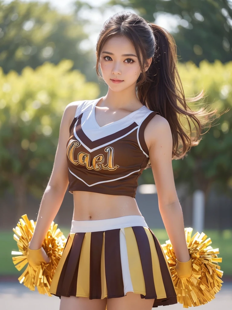 masterpiece, Highest quality, Very detailed, High resolution, (Realistic, photoRealistic:1.37), Excellent anatomy, One beautiful woman, Cheerleader, A small smile, cheer leading, Cheerleader uniform, (shape), Micro Pleated Mini Skirt, ((Very delicate and beautiful)), (Bokeh, Blurry outdoor background), Brown Hair, Long Hair, Very beautiful face, Cute type, Big Natural Color Lip, Big and pretty eyes, Brown eyes, Obvious double, Small and cute nose, Brown eyes, Shiny highlight spots around the eyes, Character Focus, Tilt your head, The best light, Best Shadow, mysterious, Perfect Face, Very detailed, Soft Skin, (Glowing Skin, Sweaty: 1.2)&#39;Beautiful legs, Voluptuous thighs, Plump body, Huge breasts, (Expresses the roundness and softness of the chest area........1), Beautiful body, (A perfect feminine figure), 