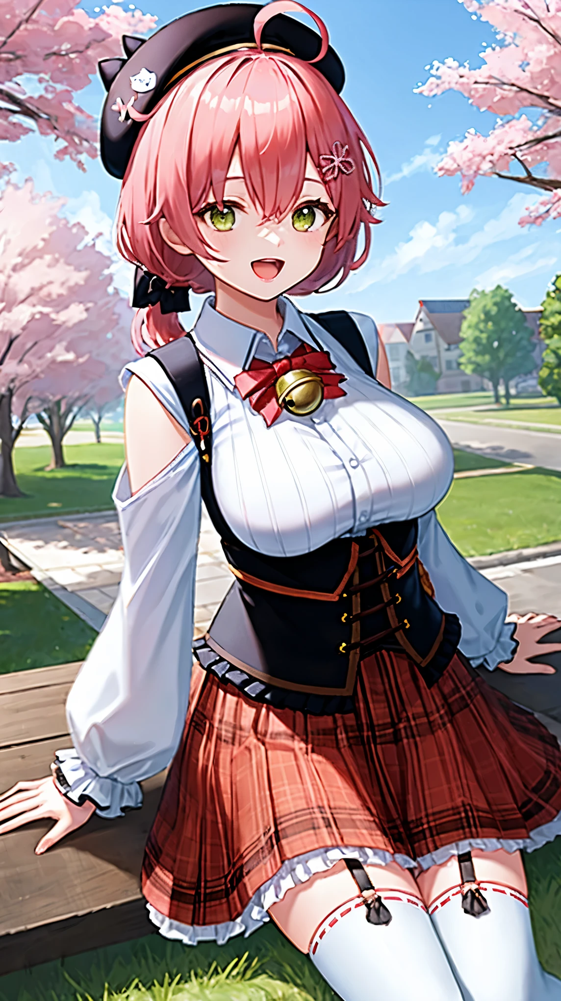 masutepiece, Best_Quality, hight_resolution, miko2,Ponytail, 1girl, Ahoge, black headwear, Hair Ornament, White shirt, black thighhighs, Pink hair, Red_skirt, very_short_skirt, plaid skirts, garter_strap, Collared shirt, hair clips, frilld, Bangs, hair between eye, frills skirt, beret, Pleated skirt, Hair Flower, Neck bell, , puffy long sleeves, Black bow, Underbust, Smile, (large_breasts:1.3),covered_nipples, green_eyes, happy, dynamic_angle,spread_legs,(big_smile:1.2),plump,open_mouth,shout,half_eyes,cherryblossom_park_landscape_background,
