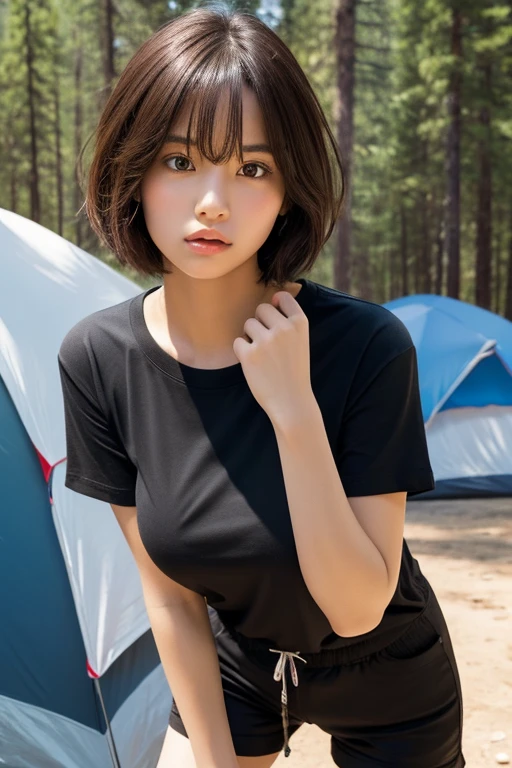 super high quarity,Facial details,photorial,Young beautiful girl,super very short hair,huge breasts,plain black T-shirt,short pants,camp site,tent,Troubled expression