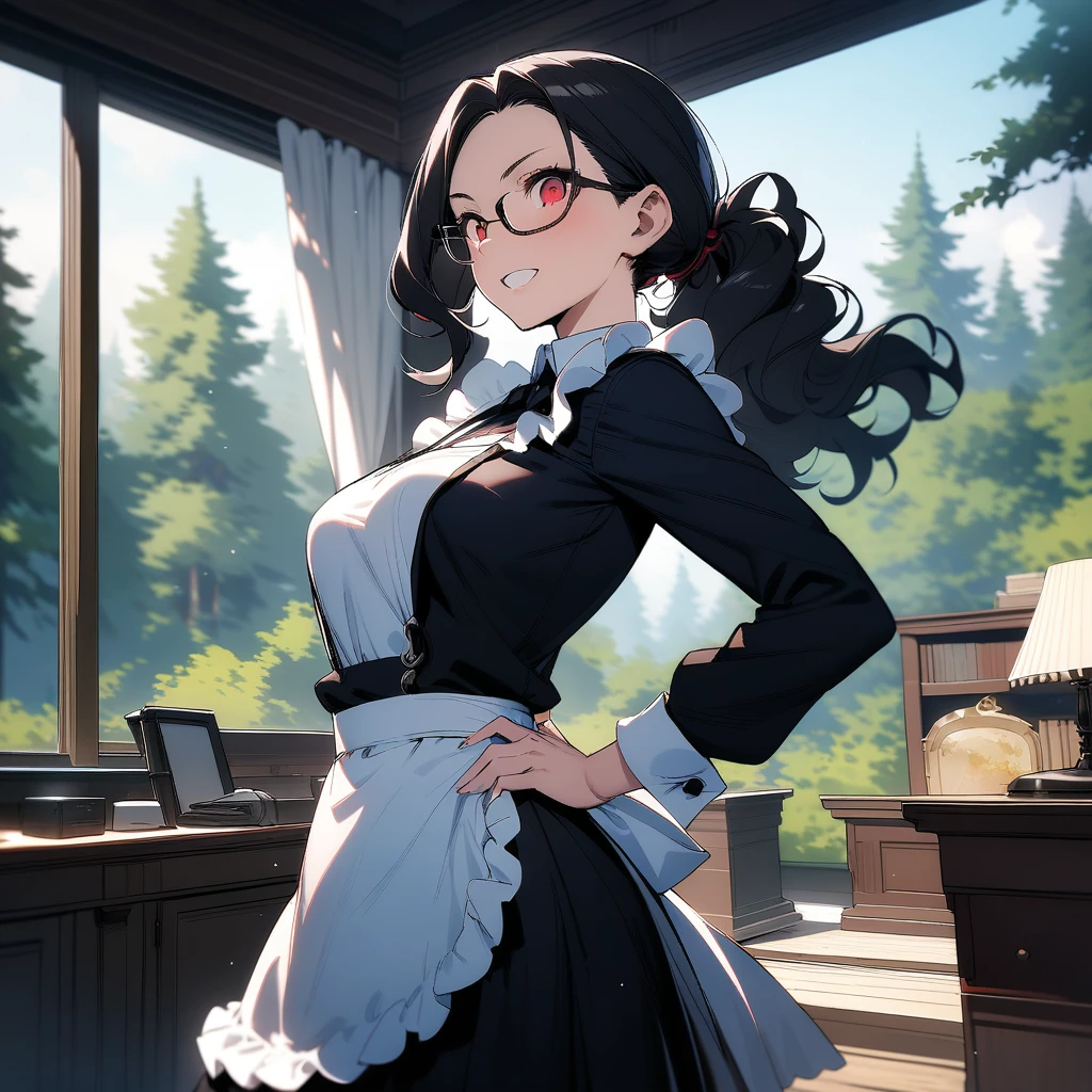 (masterpiece),(best quality),very aesthetic,(ultra-detailed),high saturation,1woman,forties woman,40yo,slender,long hair,black hair,wavy hair,ponytail,red eyes,(under-rim glasses),grin,fusion of black maid clothes and secretary clothes,styligh clothes,maid apron,long maid skirt,long sleeves,Sturdy shoes,standing,hands on hip,arched back,Western-style office,forest landscape,Lace curtains flutter in the wind,Old furnishings,daytime,sideways glance,cowboy shot