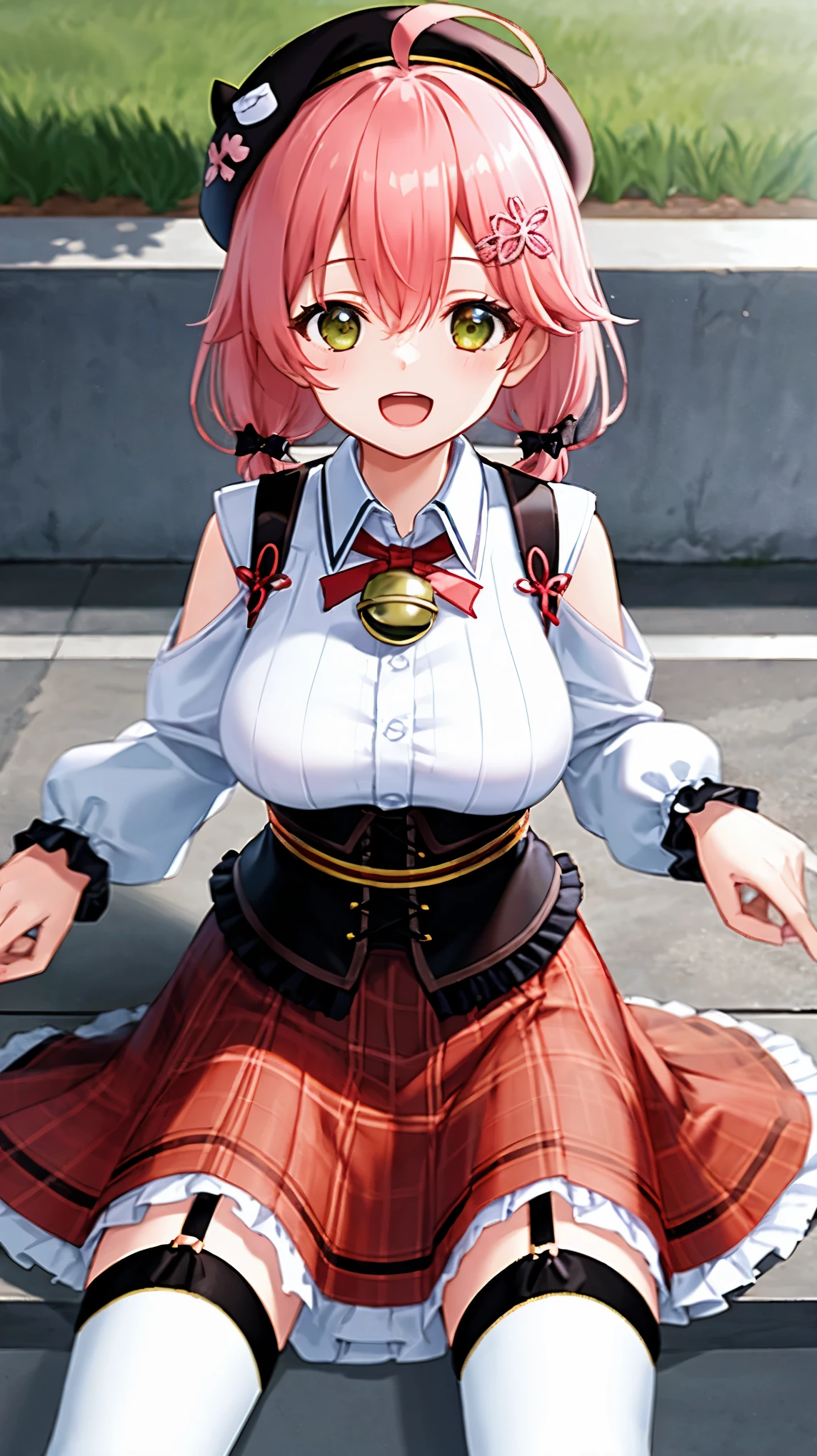 masutepiece, Best_Quality, hight_resolution, miko2,Ponytail, 1girl, Ahoge, black headwear, Hair Ornament, White shirt, black thighhighs, Pink hair, Red_skirt, very_short_skirt, plaid skirts, garter_strap, Collared shirt, hair clips, frilld, Bangs, hair between eye, frills skirt, beret, Pleated skirt, Hair Flower, Neck bell, , puffy long sleeves, Black bow, Underbust, Smile, (large_breasts:1.3),covered_nipples, green_eyes, happy, dynamic_angle,spread_legs,(big_smile:1.2),plump,open_mouth,shout,half_eyes,cherryblossom_park_landscape_background,