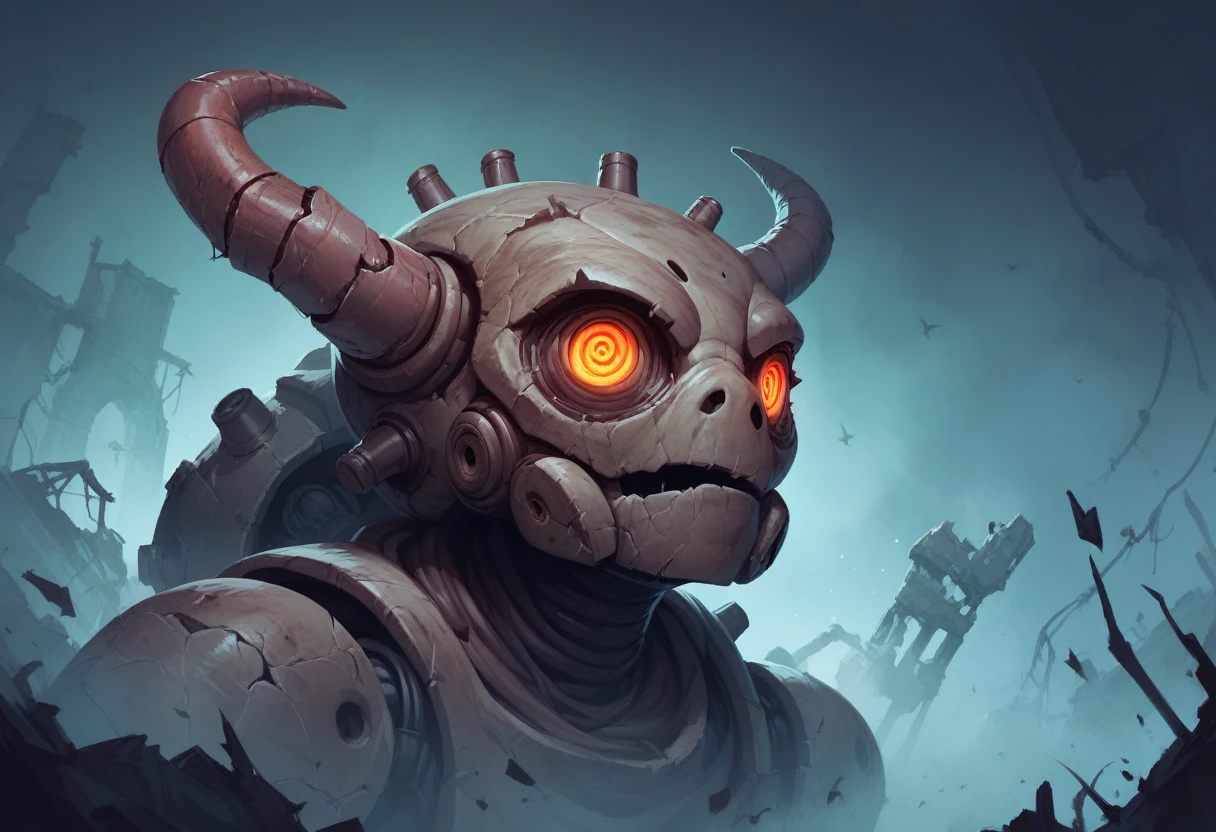 Dark fantasy, dark night, thick fog, eerie dolls with big eyes, rusty, dirty and cracked dolls, mechanical dolls, living in ruins, approaching the viewer. Eyes move, head moves.