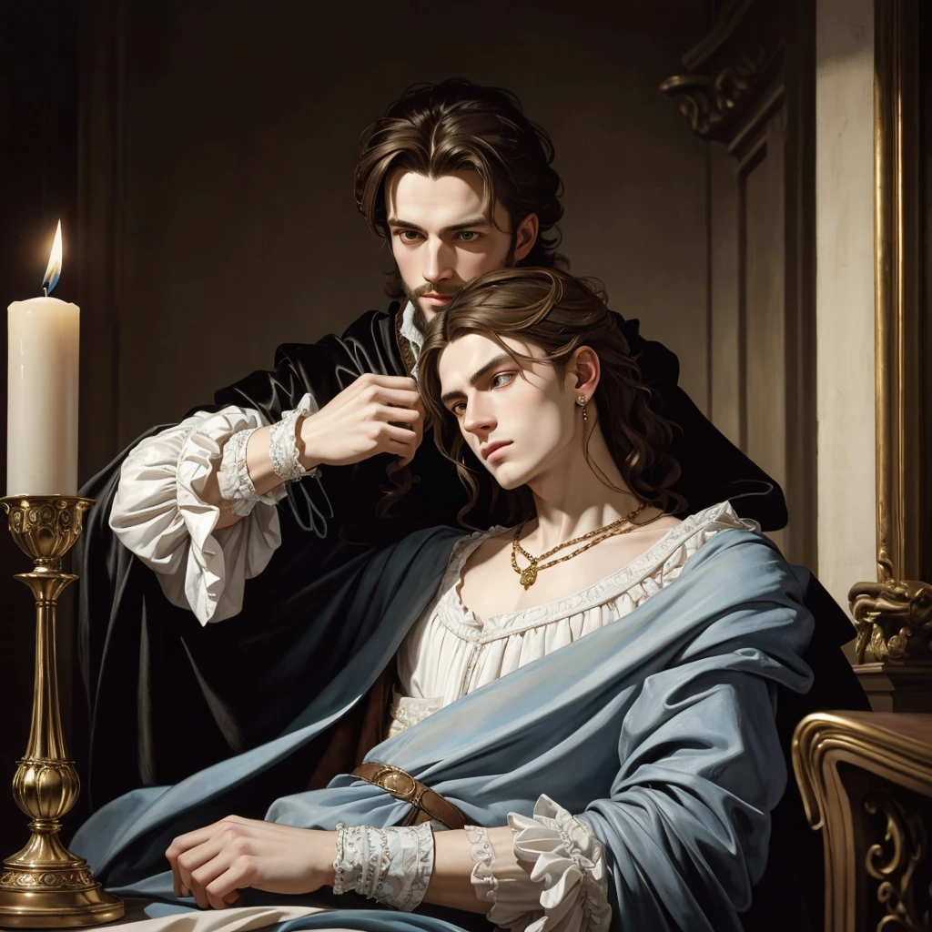 Portrait of Christopher Marlowe, white skin, piercing icy blue eyes, silky golden-brown hair, refined features, charp jawline, clean shaved, Elizabethan clothes, black Elizabethan velvet jerkin, white laced shirt, soft light, elegant, gently dangerous man, candlelight, chiaroscuro, masterpiece, oil painting, oil on canvas, Renaissance, Caravaggio style, realism, high quality