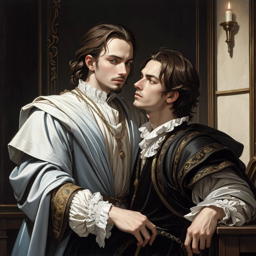 Portrait of Christopher Marlowe, white skin, piercing icy blue eyes, silky golden-brown hair, refined features, charp jawline, clean shaved, Elizabethan clothes, black Elizabethan velvet jerkin, white laced shirt, soft light, elegant, gently dangerous man, candlelight, chiaroscuro, masterpiece, oil painting, oil on canvas, Renaissance, Caravaggio style, realism, high quality