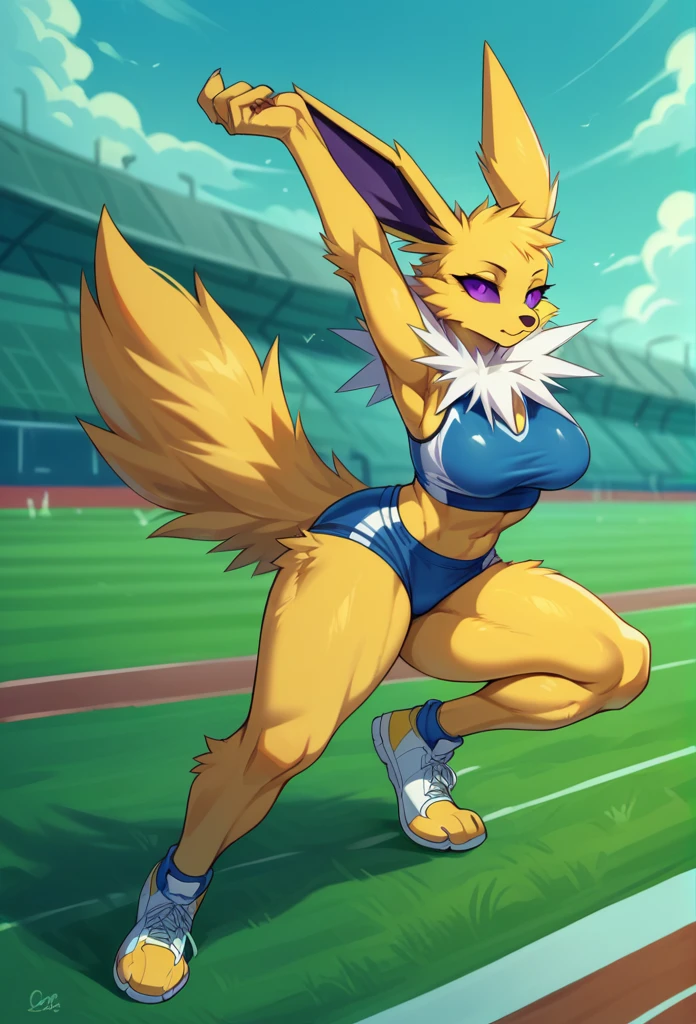 alone, score_9,score_8_up,score_7_up, anthro female jolteon, sports bra, sport panties, yoga pose, outdoors.