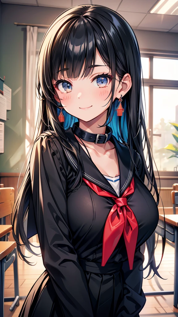 high school student Tying up long hair bangs Hime cut Black Hair smile Broken face Big Breasts Country-style black sailor suit Nagoya collar Rural classroom Close-up of face