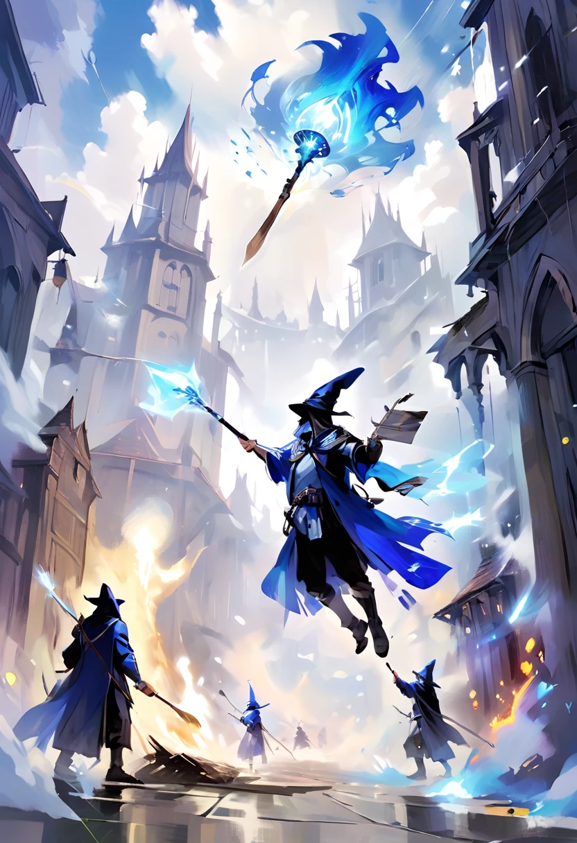 epic battle between 2 enemy mages using their most powerful skills, no floor um mago usando sua criatura devoradora com seus tentáculos aparecendo, in the sky a wizard using a giant spectral blue ax in the sky opening the clouds towards the other wizard&#39;s creature, fancy, wizards are holding their staffs, highlight the magical abilities of two magicians, arte de comics hq, foice de fancy, Epic battle scene, giant axe, monstro kraken no solo (floor), mountainous desert battlefield background scene, miniature wizards.
