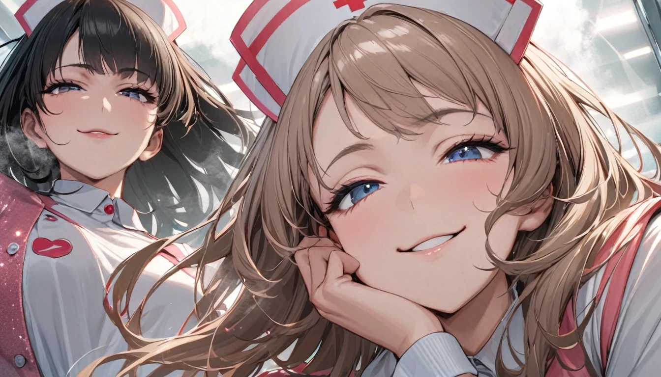 From below, Portraiture, Kind and beautiful nurse, Cool face, A shy smile, Superb proportions, She is wearing a loose cardigan over her nurse uniform., Glitter effect, fog effect、smug face、