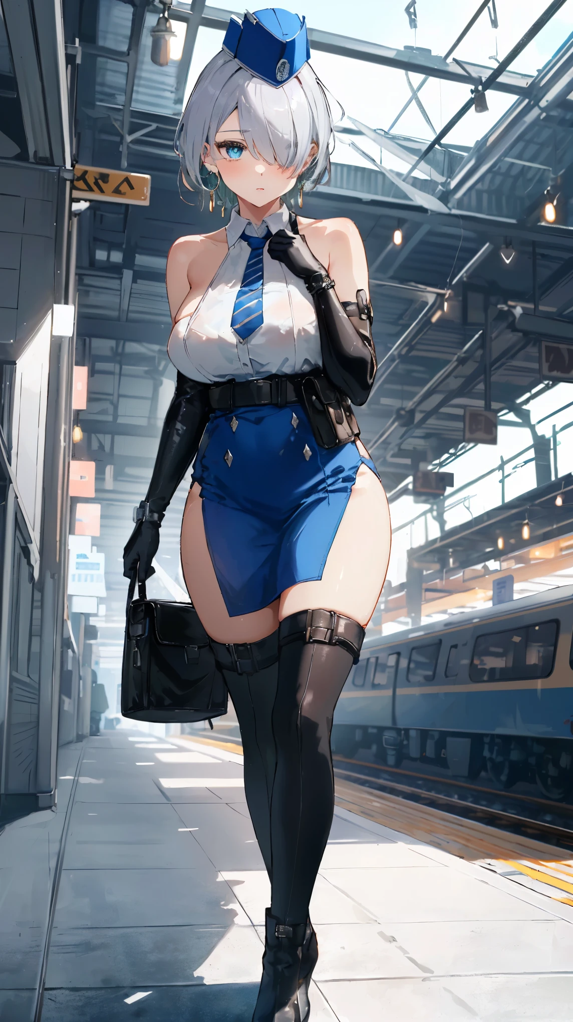 (masterpiece, best quality, ultra detailed, absurdres:1.5), 1girl, (sexy, beautiful woman, perfect face, perfect eyes, perfect female body, large breasts:1.5), (nikkebrid, white hair, low ponytail, hair over one eye, earrings, garrison cap, sleeveless shirt, long skirt, blue necktie, belt pouch, elbow gloves, high heel boots, ), (standing, indoors, train station), perfect lighting, smooth, hdr,solo