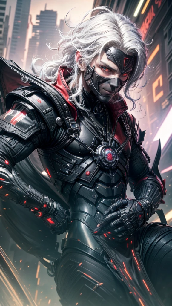 Fullbody 128k Bluray Extreme UHD 4K High quality anime image . My attention is drawn to a physically fit and toned male robot with very short, wavy white hair and light yellow eyes and no pupils. He is silly in his demeanor. He sits on edge of building. His body and face is smooth black metal with white abdominals and stomach. He wears a red and white leather jacket that is not zipped.” Rendered in stunning 4K and UHD resolution using Octane Render CGI technology, everything comes to life in a mesmerizing 16K masterpiece, with an aura fascinating and high level of detail, anime illustration with joyful look in eyes, cyber punk illustration, smiling anime robot male with short wavy white hair, white eyes, smooth black metal mask over face, smooth black metal body with white abdominal muscles, two arms, five fingers on each hand, two legs, 4K, UHD, Ultra HD 4K image, extremely fascinating neon light, intricate details , extremely detailed, incredibly detailed.
