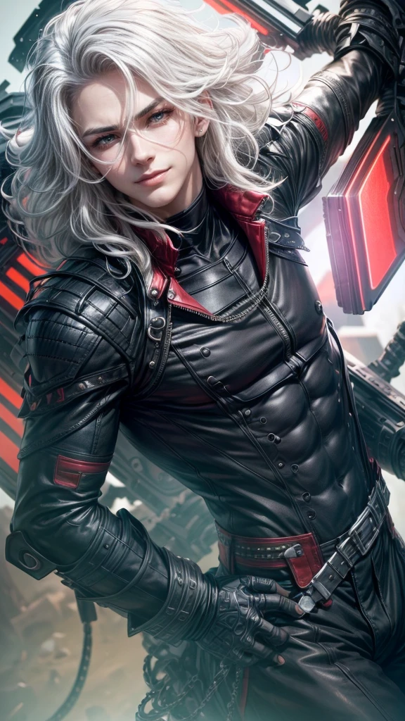 Fullbody 128k Bluray Extreme UHD 4K High quality anime image . My attention is drawn to a physically fit and toned male robot with very short, wavy white hair and light yellow eyes and no pupils. He is silly in his demeanor. He sits on edge of building. His body and face is smooth black metal with white abdominals and stomach. He wears a red and white leather jacket that is not zipped.” Rendered in stunning 4K and UHD resolution using Octane Render CGI technology, everything comes to life in a mesmerizing 16K masterpiece, with an aura fascinating and high level of detail, anime illustration with joyful look in eyes, cyber punk illustration, smiling anime robot male with short wavy white hair, white eyes, smooth black metal mask over face, smooth black metal body with white abdominal muscles, two arms, five fingers on each hand, two legs, 4K, UHD, Ultra HD 4K image, extremely fascinating neon light, intricate details , extremely detailed, incredibly detailed.