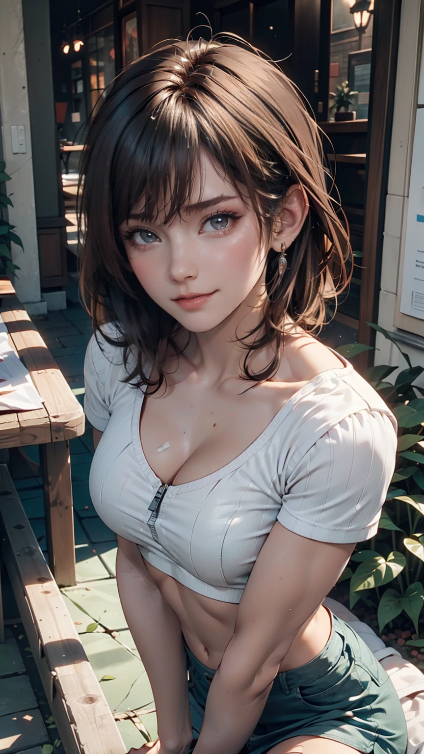 (UHD, retina, masterpiece, accurate, anatomically_correct, textured_skin, super_detail, high_details, high_quality, best_quality, high_res, 1080P, HD, 4K, 8k, 16k), (beautiful_detailed_eyes, beautiful_detailed_lips, extremely_detailed_eyes_and_face), soft_lighting, physically-based_rendering, vivid_colors, (large_breasts:1.5), (shiny_hair, shiny_skin, tanned_skin), eye_reflection, (bangs:1.5), (splash_curl:1.2), (bokeh), semi-profile_view, (tank_top:1.5), nipples,