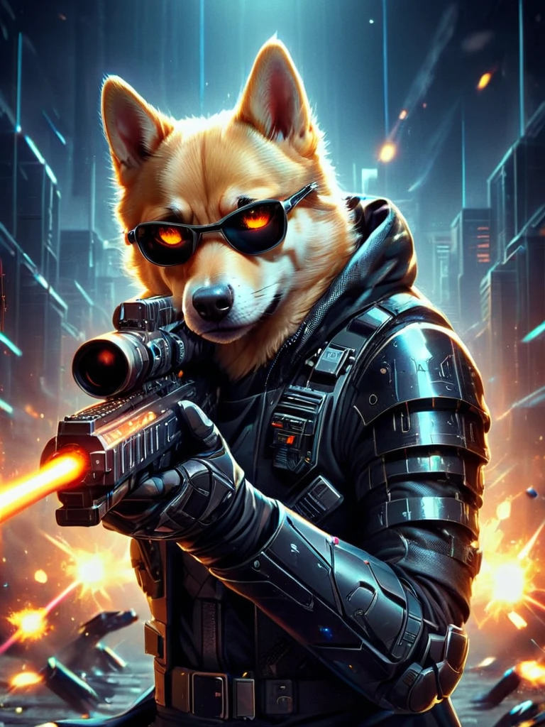 a dogecoin dog in white and black and brown colors, in a cyberpunk-style jumpsuit, sunglasses,black gloves, movie poster, Matrix style, explosions, film grain Sniper Rifle, cyberpunk background, espada neon star wars