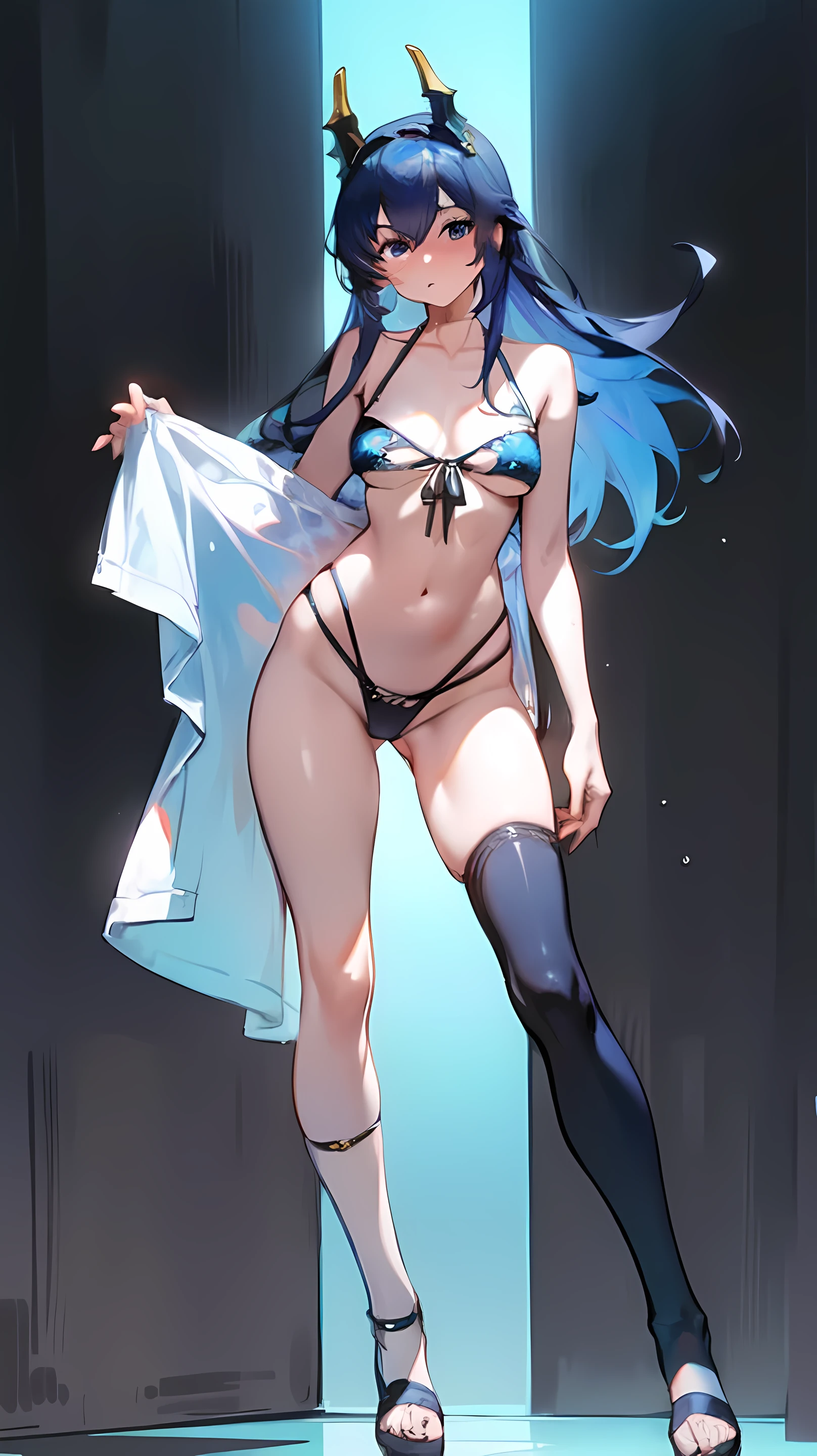 ((Highest quality)), ((masterpiece)), ((detailed)),((Browsing Caution)) floor of mucus　{{nsfw}} Sujiman　Tight　Transparent underwear　(Black dragon&#39;s veiny penis)Dragon with girl　Crossing legs

(Transparent　Swimwear) 　(Transparent knee-high socks) Transparent towel blue hair,Red Eye,Long Hair　Black sandals
 (Hot and glowing skin) Wet