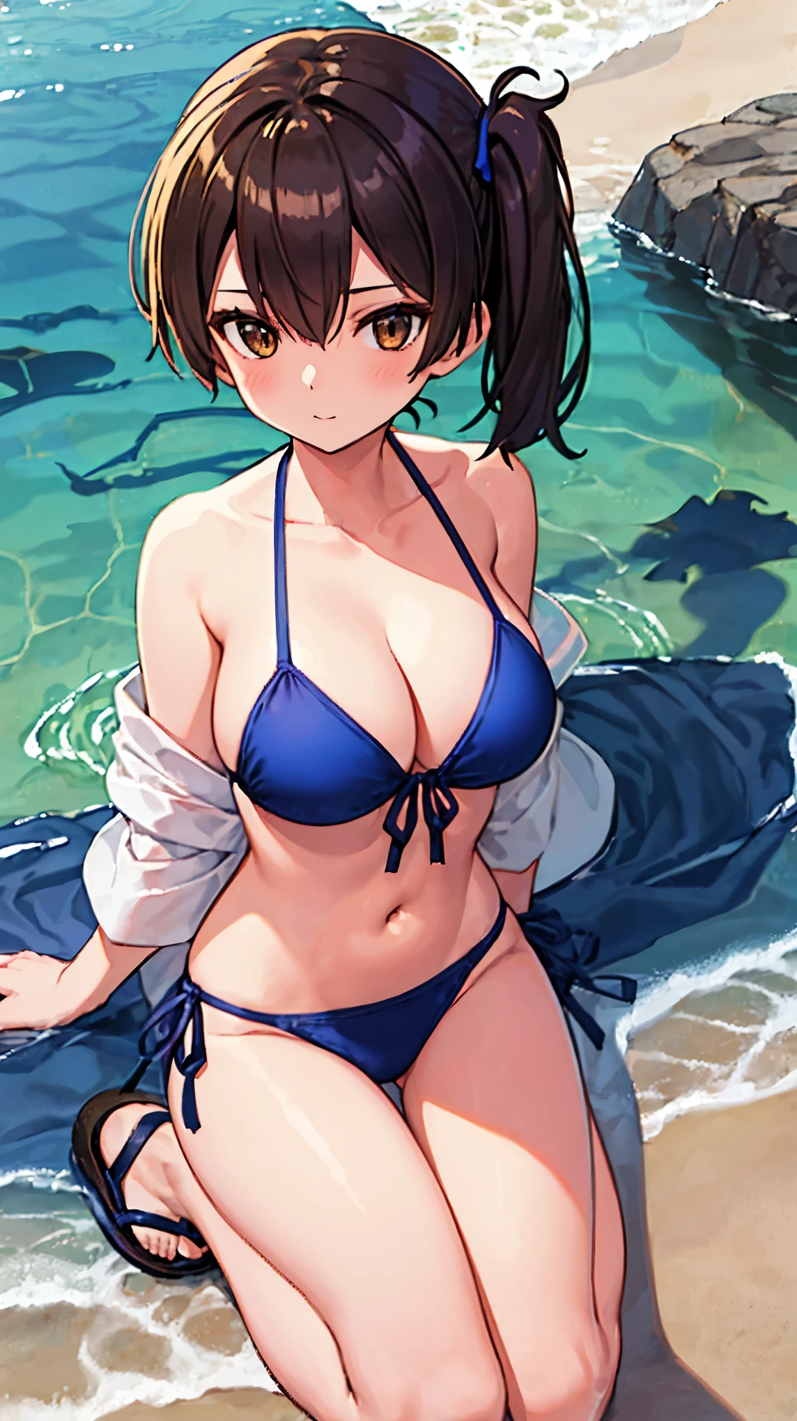 Beautiful illustration、top-quality、Kaga_kantaicollection
brown_hair, Side_Ponytail, brown_Eyes, Short_hair, (big_breasts:1.5) long_hair、Blue Bikini、 coast_landscape,(abs:0.5),navel,solo,(light_smile:0.6),(solo:1.5)。sandals,