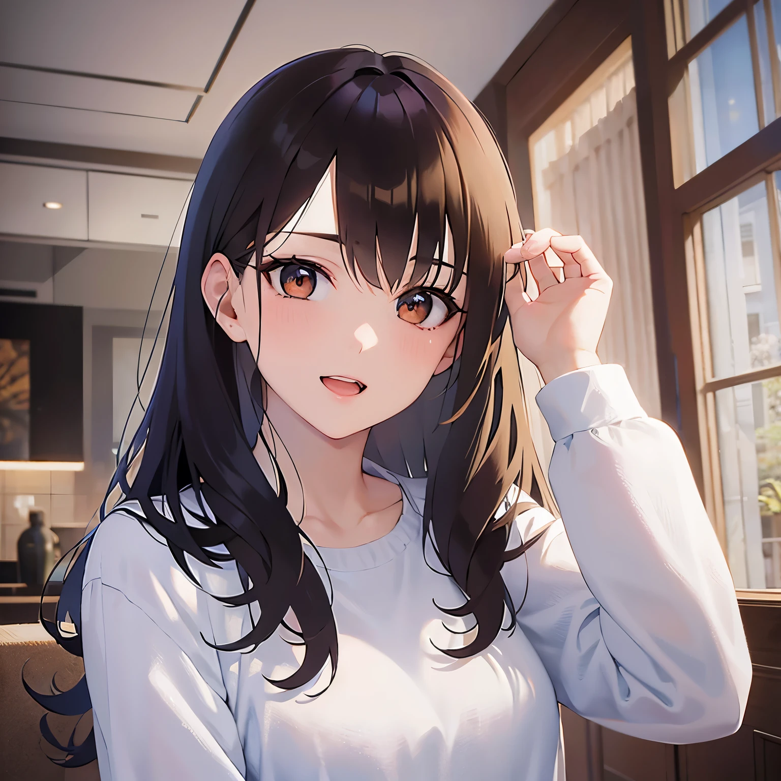 （looking at viewer:1.5）,Upper Body,
 Realistic, real person, (pale skin: 1.2), RAW photo, photorealistic, shiny skin, shiny hair、
(A 25-year-old woman with medium-length hair and bangs) and (wavy hair) and (brown hair) and (orange eyes) 、
smile,open mouth, White long sleeve shirt、(The background is the living room at night:1.5)、illumination