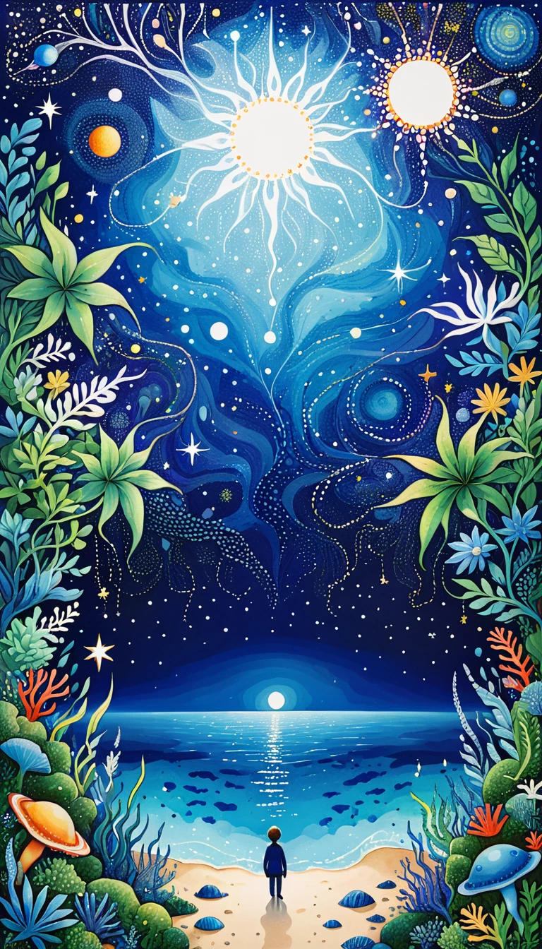 Psychedelic Art。plant、Marine Life、Eye、Starry Sky，Abstract painting of joints，Describing the inner world of autistic people，Sense of space，Blank，White space，Pointillism method，Childish lines，Klein Blue